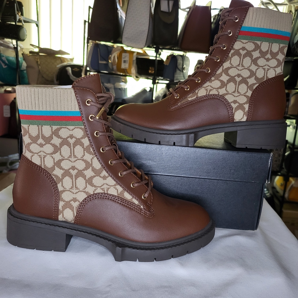 Coach Livia Signature Knit Bootie In Walnut/Khaki Size 7B